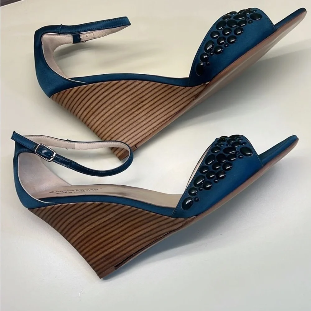 Blue Wedge Sandals with Braided Strap and Adjustable Ankle